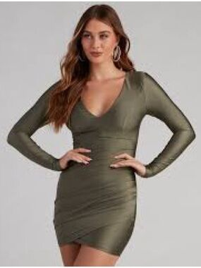 Windsor Olive Long-Sleeve V-Neck Bodycon Dress
